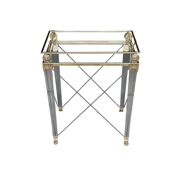Mid-Century Modern Vintage Maison Jansen Style Hollywood Regency Accent Table | French Neoclassical Brass Lion Head & Paw Feet | Glass Top Side Table For Sale - Image 3 of 15