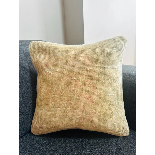 Ivory Vintage Turkish Rug Pillow Cover, Handwoven Wool Isparta Faded Abstract Cushion, Soft Ivory Peach Boho Pillow, 16x16 In For Sale - Image 8 of 12