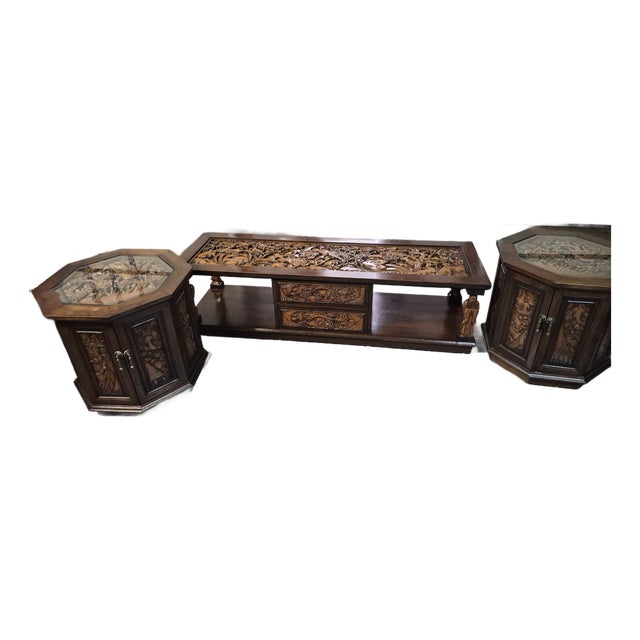 Vintage 1970's Hand Carved Camphor Wood 3 Piece Coffee Table Set For Sale