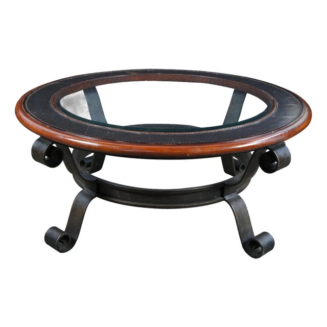 Maitland Smith Mahogany & Iron Modern Round Glass Top Coffee Cocktail Table For Sale