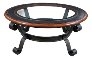 Maitland Smith Mahogany & Iron Modern Round Glass Top Coffee Cocktail Table