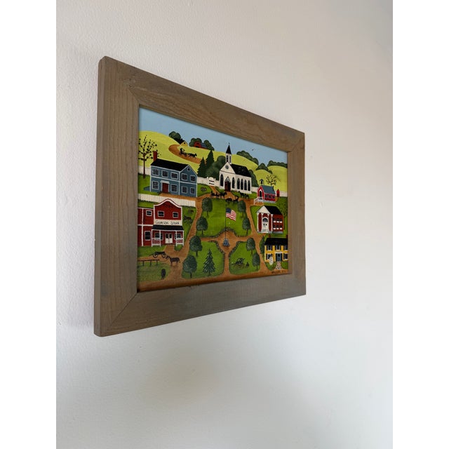 Folk Art 1985 Nancy Lucek Folk Art Village Landscape Oil Painting on Canvas, Framed For Sale - Image 3 of 12