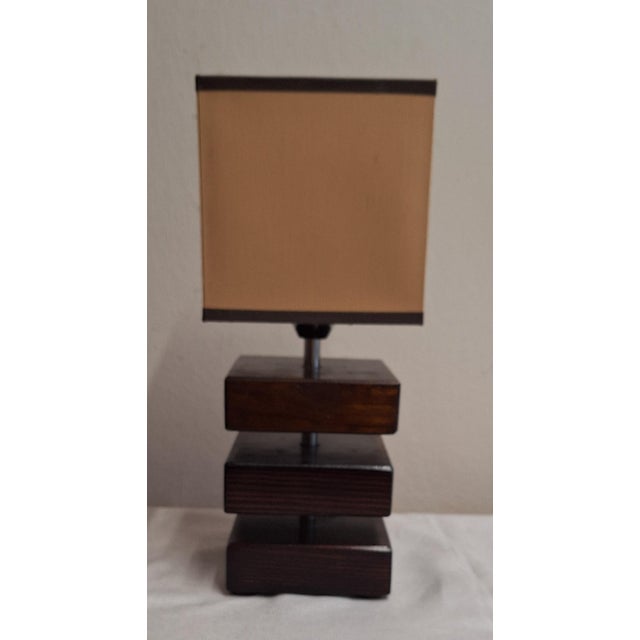 Vintage Table Lamp with Brown Stained Pine Base and Beige Fabric Shade from Lightwood, 2000s, in Very Good conditions....