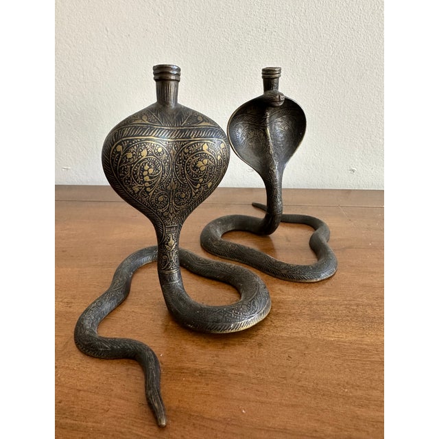 Antique Brass Cobra Candlestick Holders Decor - Pair For Sale In San Diego - Image 6 of 9