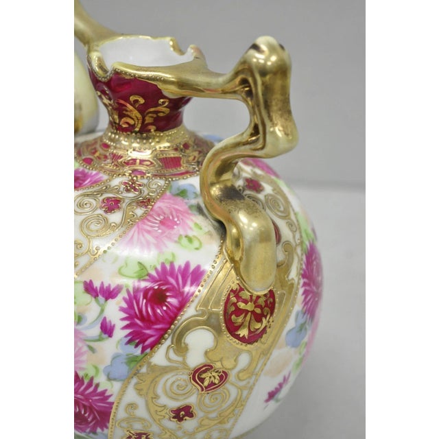 Pink Antique Nippon Moriage Porcelain Twin Handle Ball Vase W/ Hand Painted Roses For Sale - Image 8 of 14