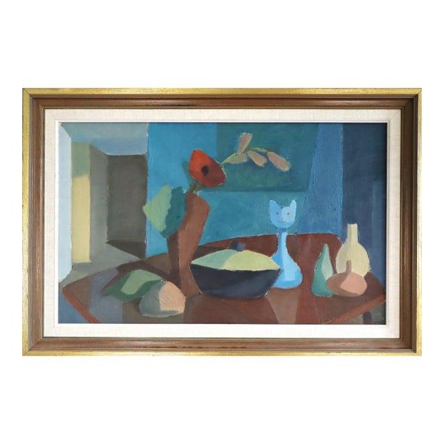 Mid-Century Modern 'Still Life With Cat Figurine' Vintage Swedish Original Geometric Interior Oil Painting, Framed For Sale