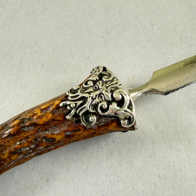 English Stag Horn & Sterling Silver Green Man Face Letter Opener For Sale - Image 4 of 12