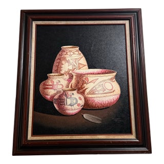1970s Richard Haines Southwest Pottery Design Framed Oil Painting For Sale