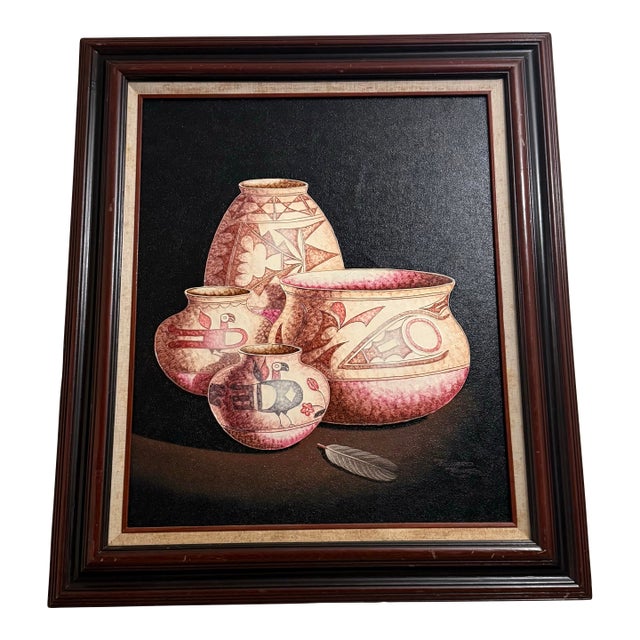 1970s Richard Haines Southwest Pottery Design Framed Oil Painting For Sale
