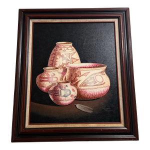1970s Richard Haines Southwest Pottery Design Framed Oil Painting