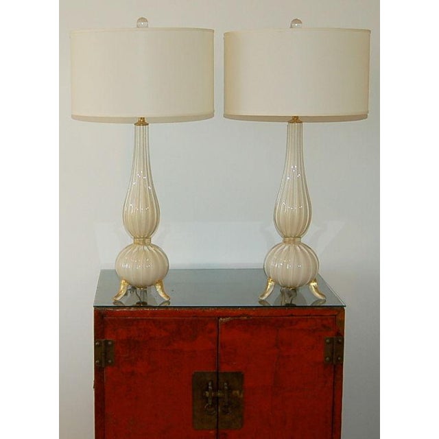 Matched pair of Venetian glass table lamps is beautiful CREAMY WHITE, with lots of GOLD dust. Our interpretation of...