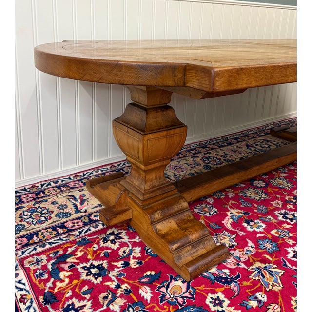 Antique French Country Dining Table Farmhouse Pedestal Trestle Honey Oak 1930s For Sale - Image 17 of 18