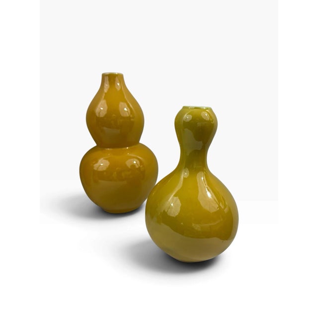Set of 4 Chinese Porcelain Vases Mustard Yellow Glaze, Double-Gourd and Bottle Forms, Unmarked For Sale - Image 4 of 6