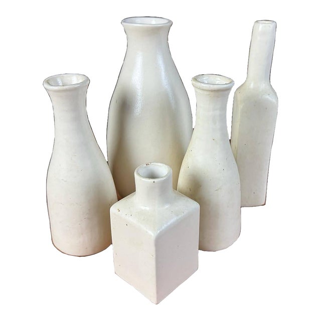 White Ceramic Vase Set – 5 Minimalist Decorative Pieces For Sale