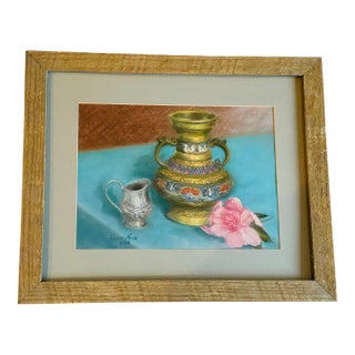 1980s Mixed Media Still Life on Blue Table Signed For Sale