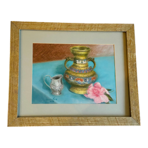 1980s Mixed Media Still Life on Blue Table Signed
