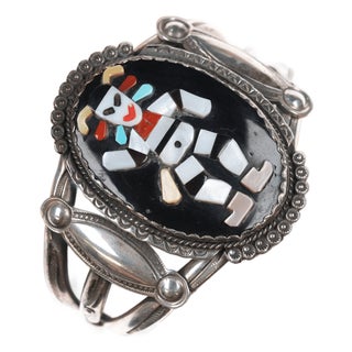 6.5" Bev Etsate Zuni Inlaid Plaque in Navajo Heavy Stamped Silver Cuff Bracelet For Sale
