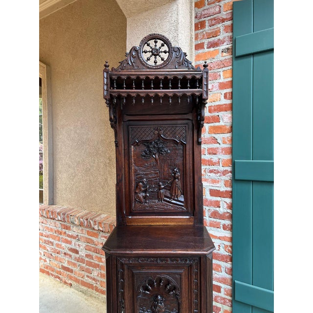 Antique French Breton Hall Cabinet Tall Narrow Carved Crown Bookcase C1880 For Sale - Image 14 of 18