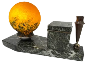 French Art Deco Marble Inkwell with Lamp, 1920