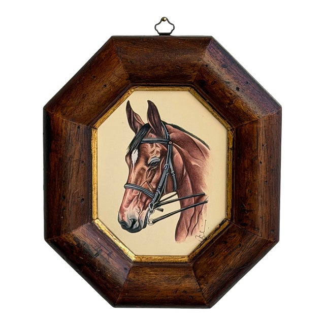 Original Hand-Painted Horse Portrait Painting in a Vintage Italian Frame For Sale