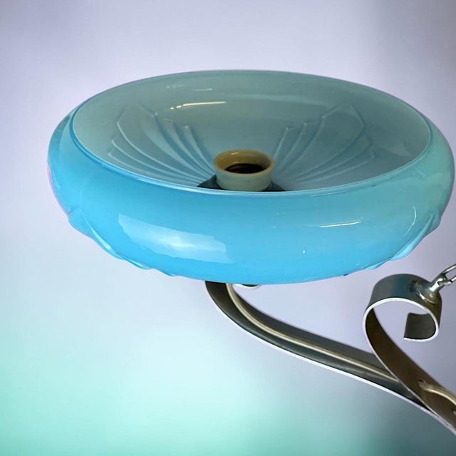 Blue Art Deco Chandelier with Two Opaline Blue Glass Shades, 1940s For Sale - Image 8 of 12