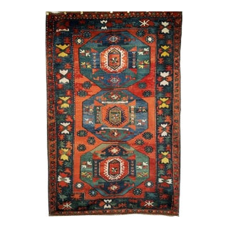 Antique Caucasian Kazak Rug, Hand-Knotted Wool Pile, Geometric Design, Red & Blue, 5' x 7' For Sale