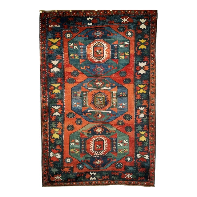 Antique Caucasian Kazak Rug, Hand-Knotted Wool Pile, Geometric Design, Red & Blue, 5' x 7' For Sale