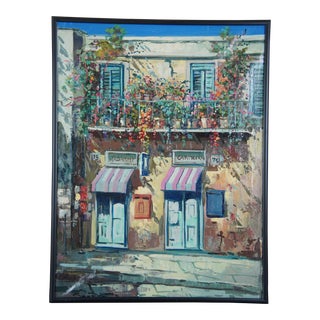 Late 20th Century Andre Andreoli Italian Street Scene Oil Painting Tobacco Shop Cityscape Canvas, Framed For Sale