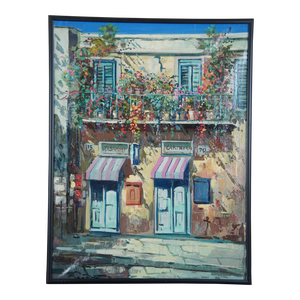 Late 20th Century Andre Andreoli Italian Street Scene Oil Painting Tobacco Shop Cityscape Canvas, Framed