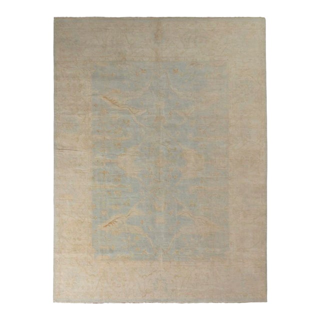 Rug & Kilim’s Transitional Oushak Style Rug in Beige and Blue Floral Pattern For Sale