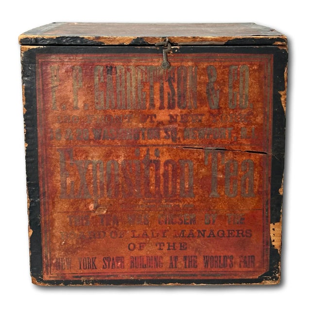 Maroon Antique Patent 1899 American Country Store Wood Shipping & Display Exposition Tea Box With Hinged Lid For Sale - Image 8 of 12