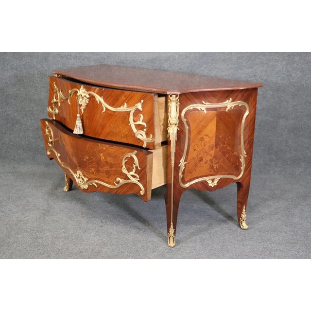 French 19th C. French Louis XV Style Gilt Bronze Mounted Commode – Ornate Kingwood & Mahogany Marble Top Chest For Sale - Image 3 of 10