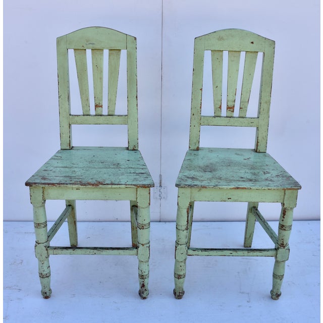 Green Pair of Painted Pine Plank-Seat Chairs For Sale - Image 8 of 8