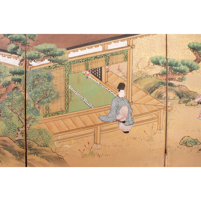 Tan C. 1800s Edo to Meiji Era "The Tale of Genji", Japanese Yamato-E Style Byobu Screen For Sale - Image 8 of 18