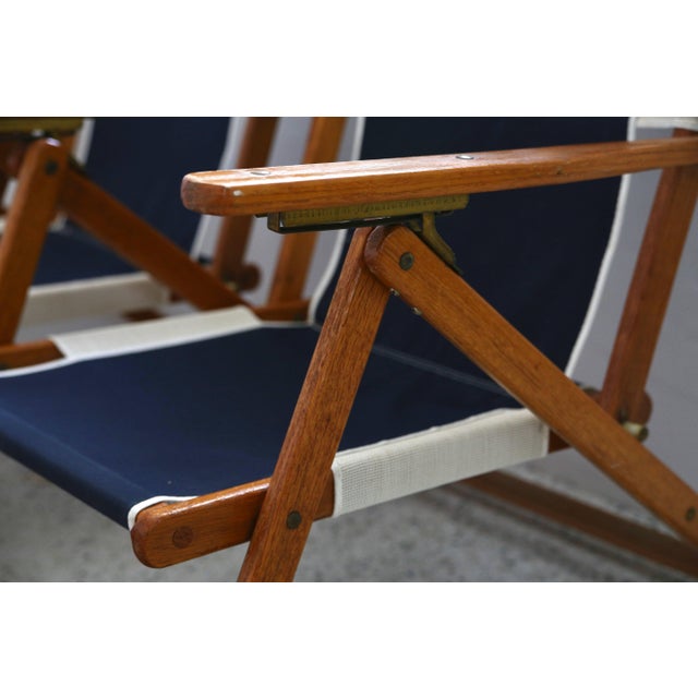 Wood Ralph Lauren Inspired Deck Chairs Oakwood With Navy Blue and White Upholstery - a Pair For Sale - Image 7 of 10
