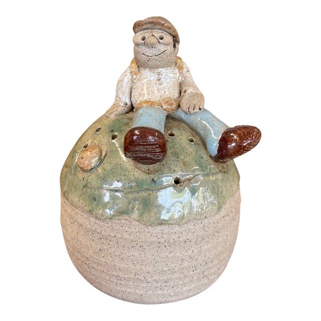 Handmade Studio Pottery Incense Holder With Seated Figure Sculpture, Signed 1976 For Sale
