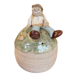 Handmade Studio Pottery Incense Holder With Seated Figure Sculpture, Signed 1976