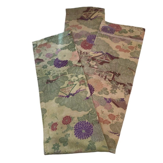 Antique Japanese Maru Silk & Wool Obi With Multicolored Peonies & Minka Landscape Design For Sale - Image 12 of 12