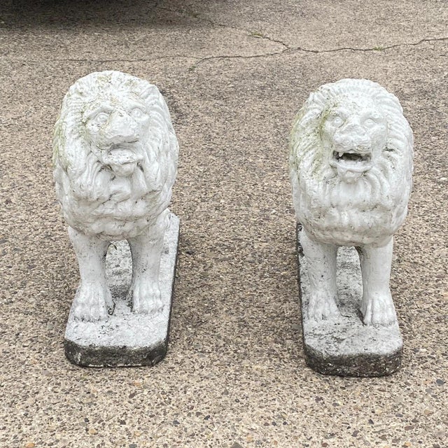 Vintage Classical Style Standing Lion Cement Guardian Entry Garden Statue - Pair For Sale - Image 10 of 12