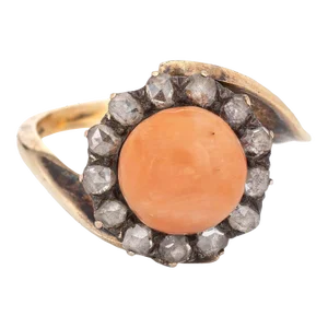 Antique Victorian Ring Coral Rose Cut Diamond 14 Karat Yellow Gold Jewellery size 7