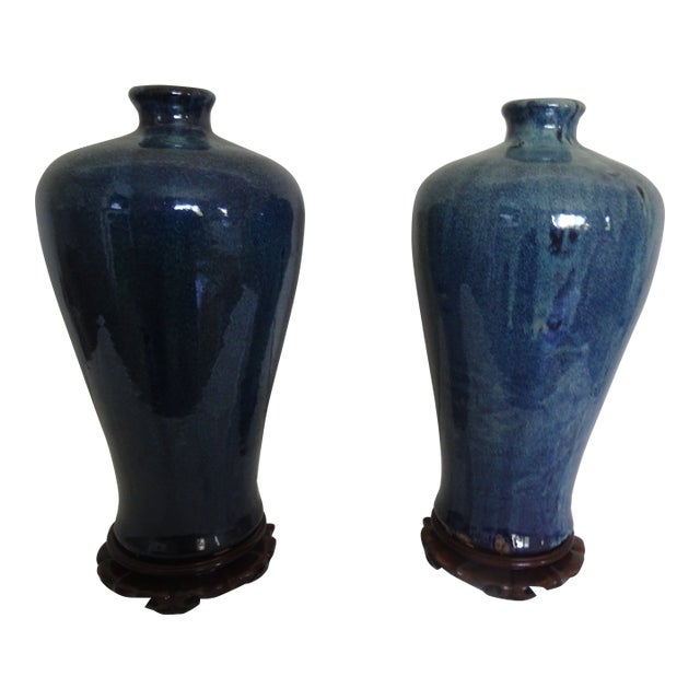 Vintage Chinese Meiping Vases With Carved Stands- Set of 2 For Sale