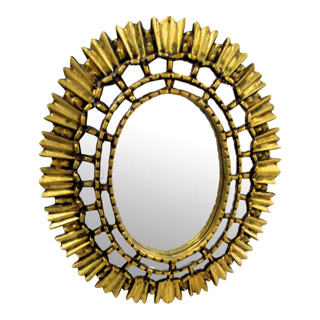 1990s Peruvian Artisan Hand Crafted Gold Oval Wood Wall Mirror For Sale