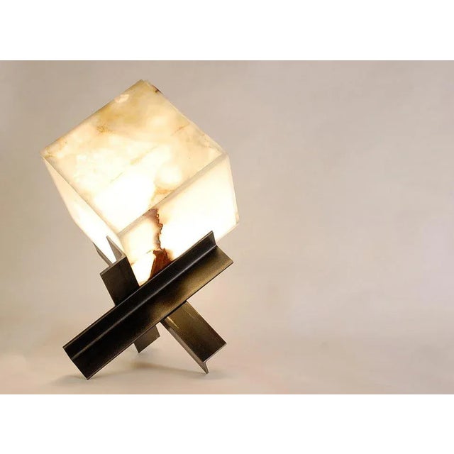 Cubyx' Sculptural Onyx and Blackened Steel Lamp For Sale - Image 4 of 5