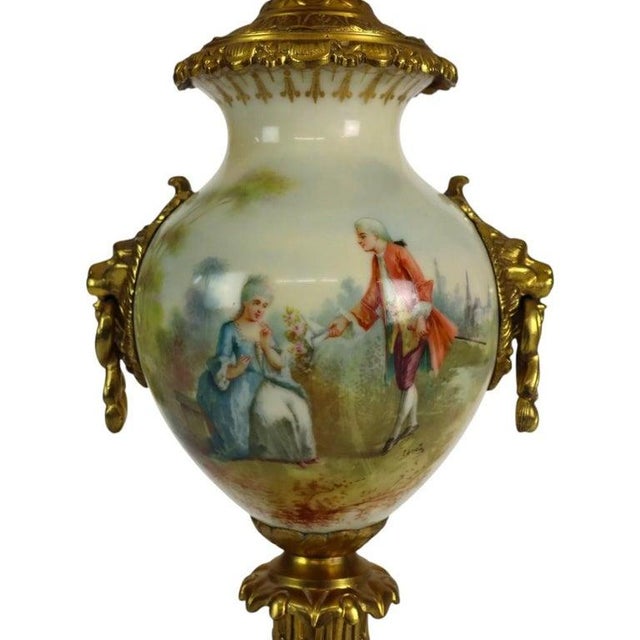 Ceramic French Sevres Scenic Painted & Artist Signed Porcelain Lamp, Lion Head Handles For Sale - Image 7 of 14