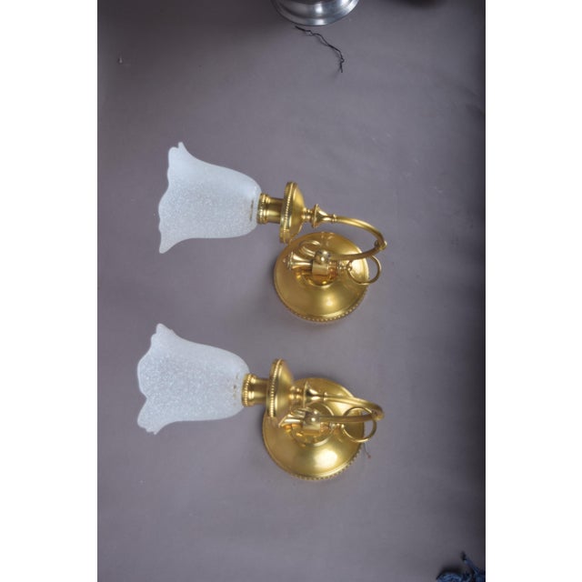 Brass Wall Sconces with Frosted Textured Tulip Glass Shades, 1950s, Set of 2 For Sale - Image 3 of 15