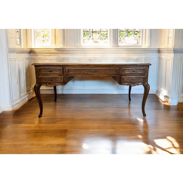 John Widdicomb French Country Parquet Top Writing Desk. Features a partner's desk design with working drawers on one side...