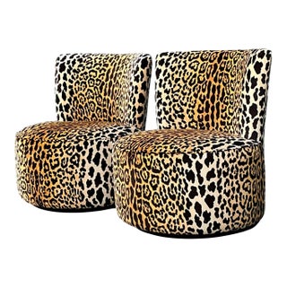 Vintage Leopard Velvet Swivel Chairs For Sale