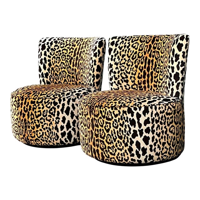 Vintage Leopard Velvet Swivel Chairs For Sale