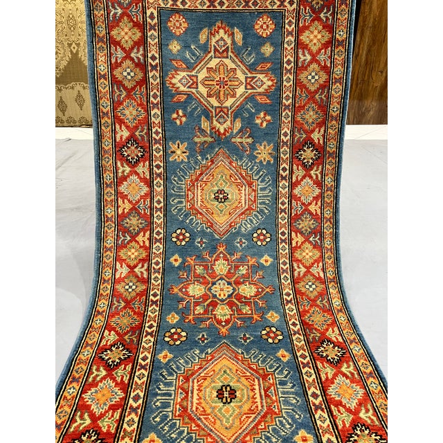 Blue and Rust Red Kazak Wool Runner Rug, Tribal Hallway Rug, 2'9" X 9'9" For Sale - Image 10 of 16
