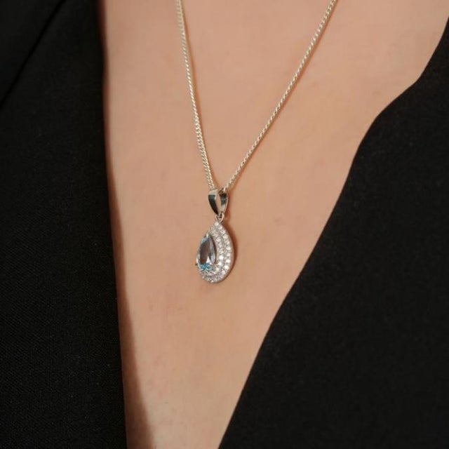 Sky Blue Vintage Aquamarine Diamond Double Halo Drop Pendant in 14k Gold For Sale - Image 8 of 14